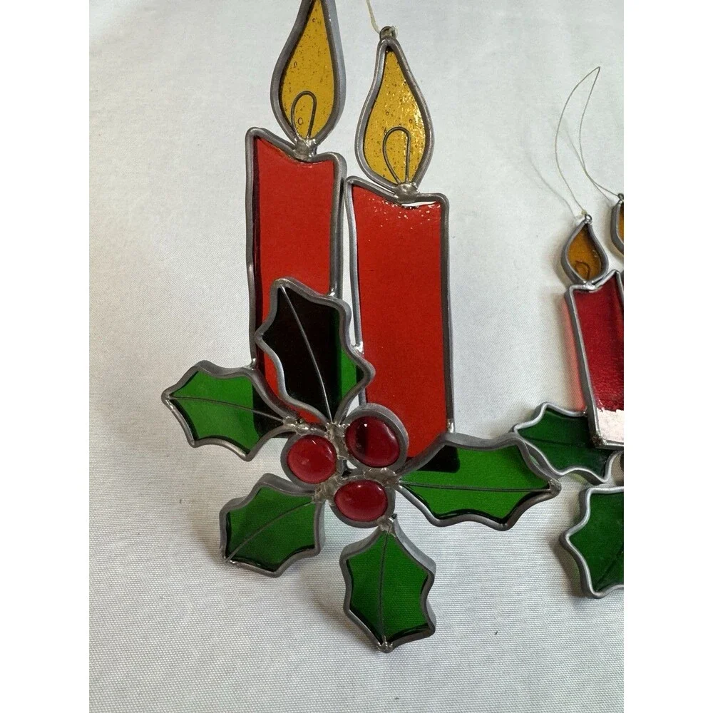 2 Stained Glass Holiday Candle Suncatchers Red Tapers Green Holly Berries Decor